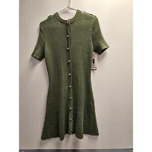 French Connection Olive Green Ribbed Knit Button Front Short Sleeve Dress